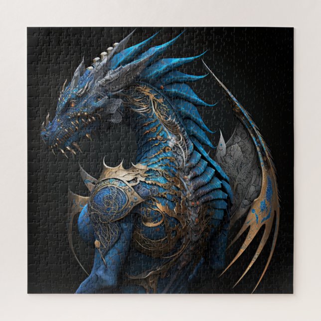 Steampunk blue dragon with metal wings AI art  Jigsaw Puzzle (Vertical)