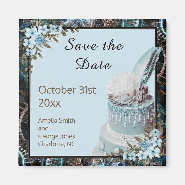 Steampunk Blue Floral Wedding Save the Date Magnet (Front)