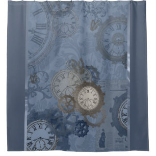 Steampunk blue metallic shower curtain