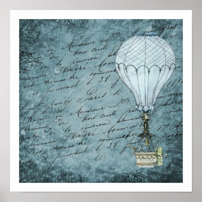 Steampunk Blue Vintage Writing Hot Air Balloon Poster (Front)