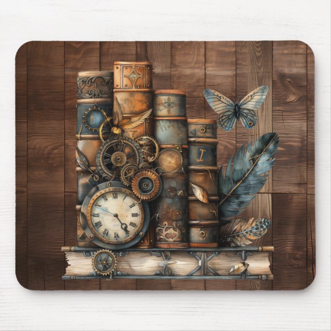 Steampunk Books Wood Background Mousepad (Front)