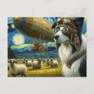 Steampunk Border Collie With Sheep Postcard