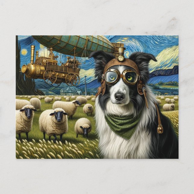 Steampunk Border Collie With Sheep  Postcard (Front)
