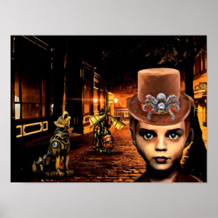 Steampunk Boy And Robot Dog Original Scifi Fantasy Poster