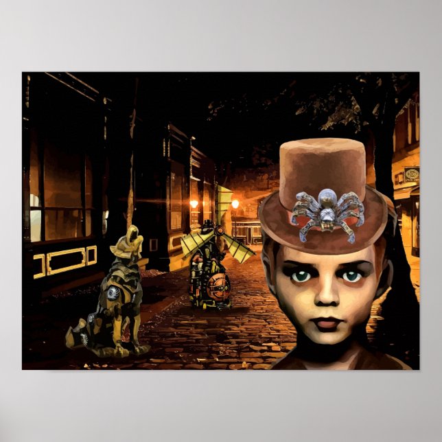 Steampunk Boy And Robot Dog Original Scifi Fantasy Poster (Front)