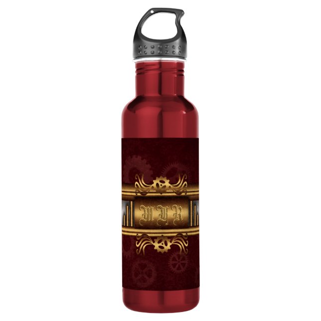Steampunk, brass and marroon with monogram 710 ml water bottle (Front)