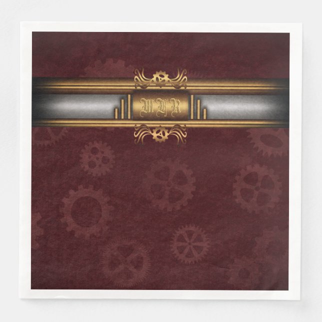 Steampunk, brass and marroon with Monogram Napkin (Front)