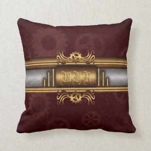 Steampunk, brass on marroon gears Monogram Cushion