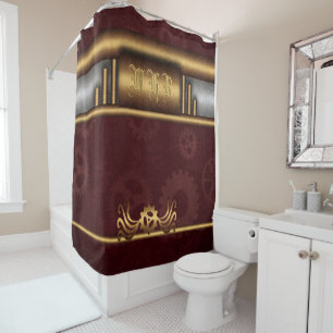 Steampunk, brass on marroon gearwheels, Monogram Shower Curtain