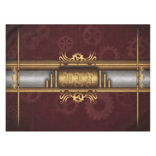 Steampunk, brass on marroon gearwheels, Monogram Tablecloth