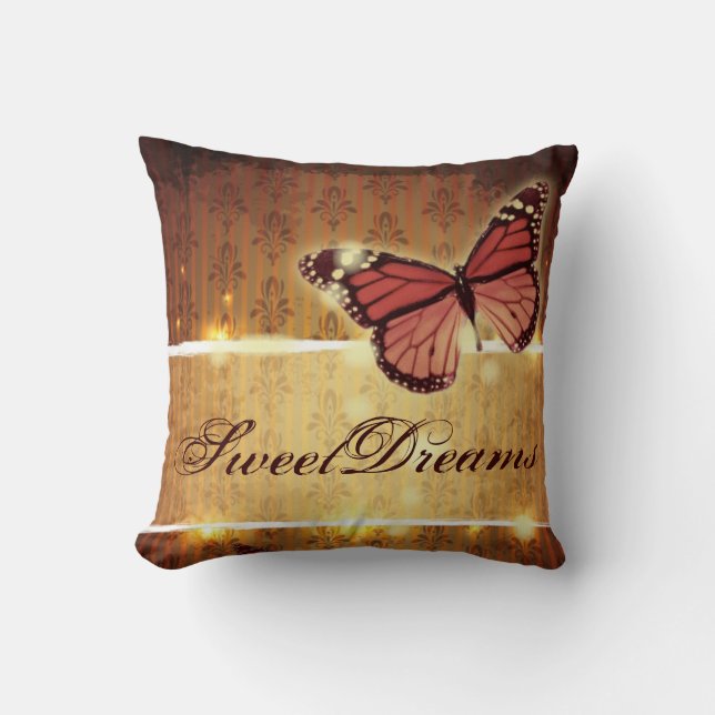 steampunk brown Gold Damask glamourous Butterfly Cushion (Front)
