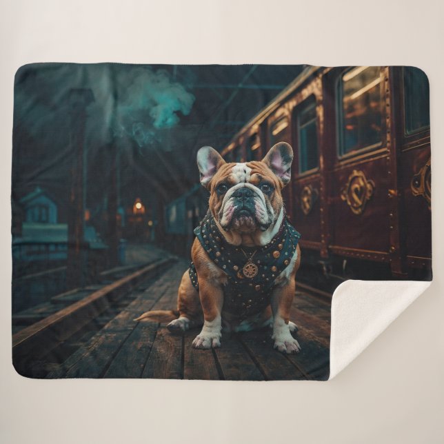 Steampunk Bulldog Stationmaster Portrait Sherpa Blanket (Front (Horizontal))