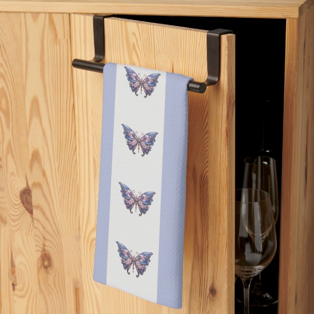 Steampunk butterflies stripes tea towel (Thirds Fold)