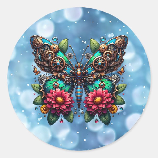 Steampunk Butterfly with Gears and Flowers Classic Round Sticker (Front)