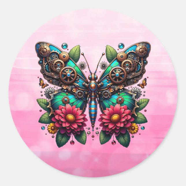 Steampunk Butterfly with Gears and Flowers Classic Round Sticker (Front)