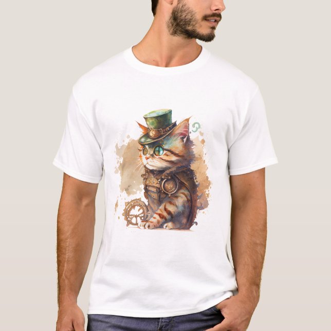 Steampunk Cat Adorable and Cute T-Shirt (Front)