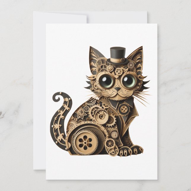 Steampunk cat animals paper crafts art invitation (Front)