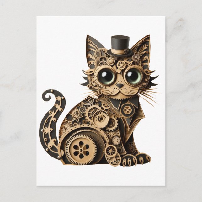 Steampunk cat animals paper crafts art postcard (Front)