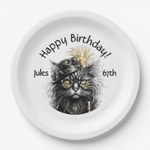 Steampunk Cat Birthday with Name n Age Paper Plate