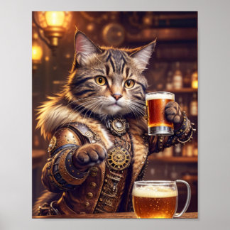 Steampunk cat drinking beer in a pub -  poster