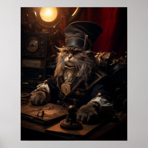 Steampunk Cat in Uniform Retro Poster