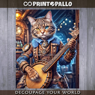 Steampunk cat playing banjo in blue pub -  tissue paper
