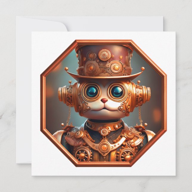 Steampunk Cat Soldier In 8 Sided Bronze Frame Invitation (Front)