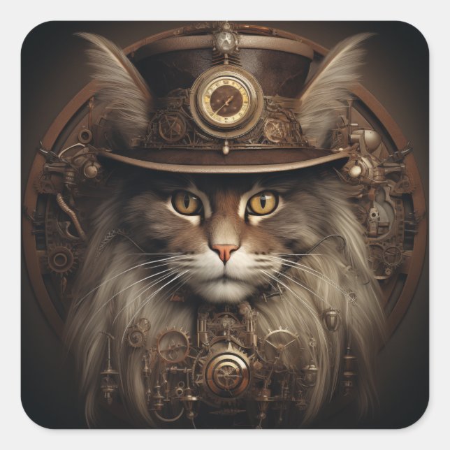 Steampunk Cat Square Sticker (Front)