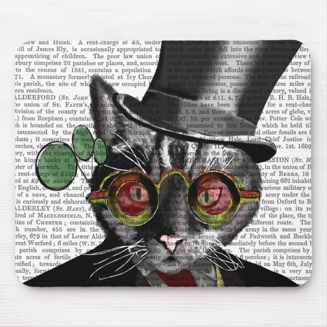 Steampunk Cat - Top Hat and red yellow glasses Mouse Pad (Front)