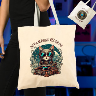 Steampunk Cat Vinyl Record Player Personalised Tote Bag