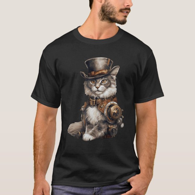 Steampunk Cat With Hat Graphic Design Cat  Fantasy T-Shirt (Front)