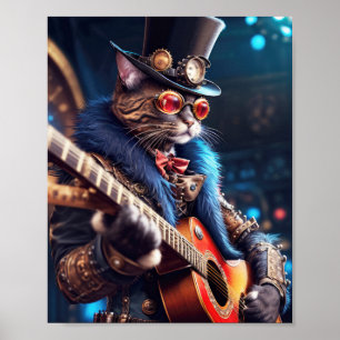 Steampunk cat with top hat and goggles, guitarist  poster