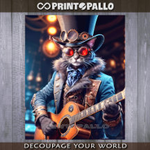 Steampunk cat with top hat & goggle playing guitar
