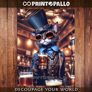 Steampunk cat with top hat & goggles drinkin beer  tissue paper