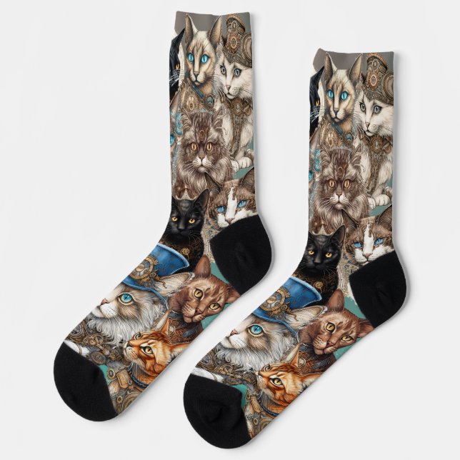 Steampunk Cats Themed Black Crew Socks (Left)