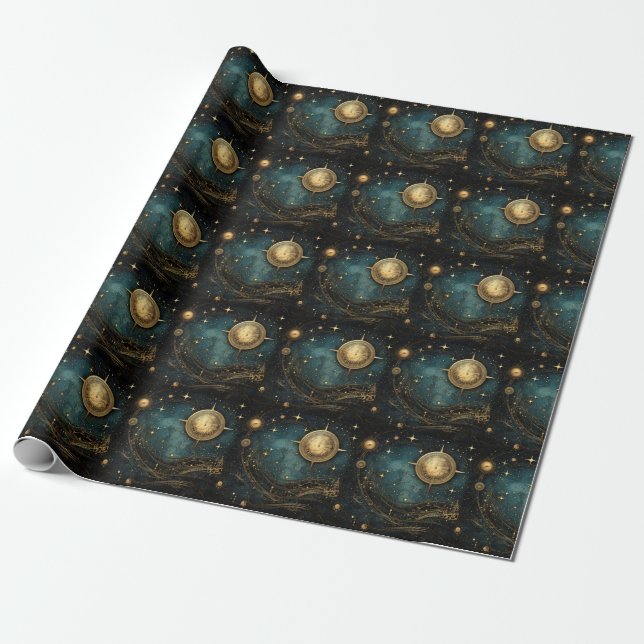 Steampunk Celestial Wrapping Paper (Unrolled)
