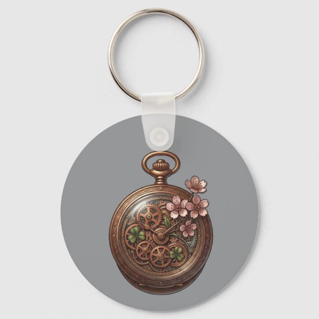 Steampunk Celtic Clover & Cherry Blossom Keychain (Front)