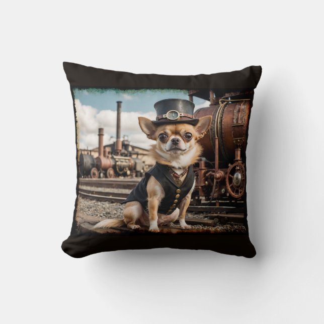 Steampunk Chihuahua and Train Cushion (Front)
