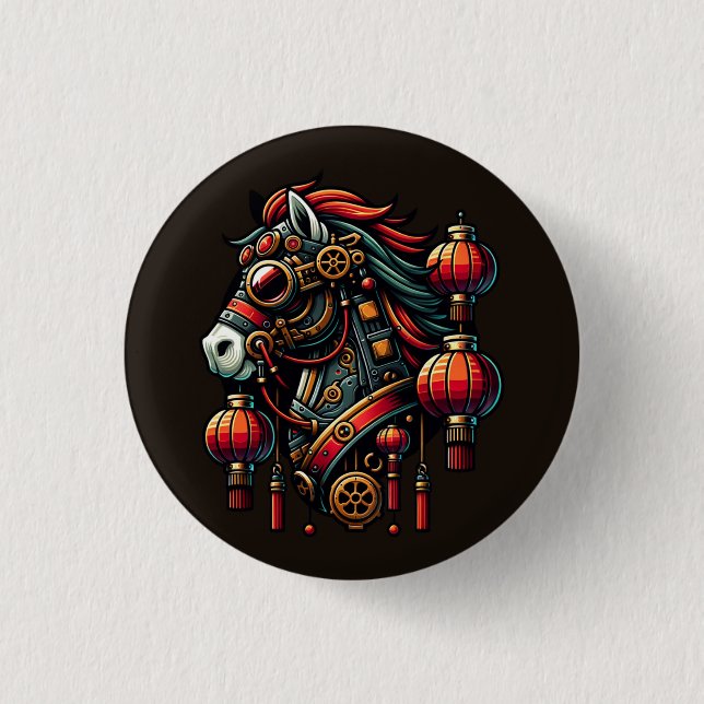 Steampunk Chinese New Year Horse 3 Cm Round Badge (Front)