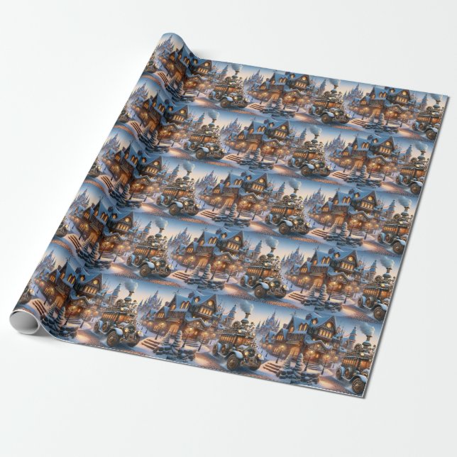 Steampunk Christmas Bus Wrapping Paper (Unrolled)