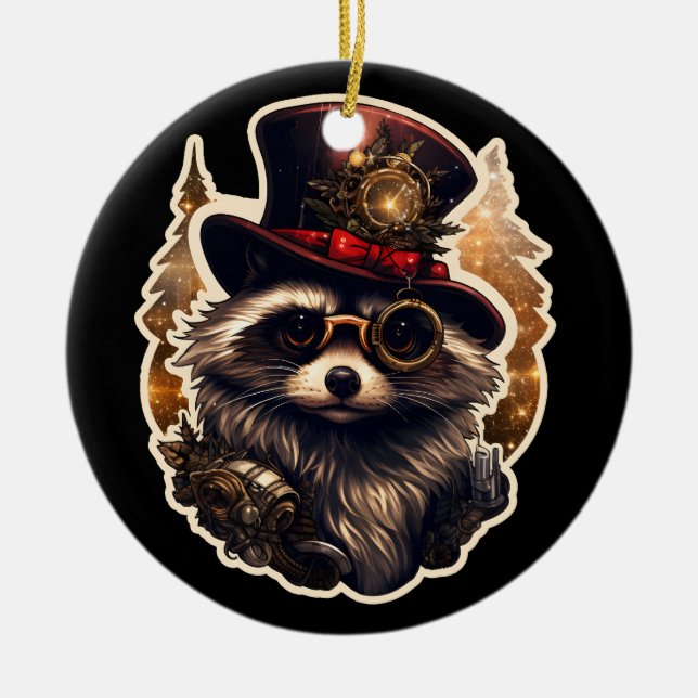 Steampunk Christmas Racoon Ceramic Ornament (Front)