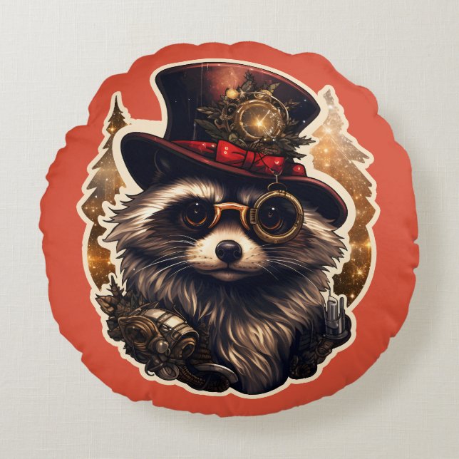 Steampunk Christmas Racoon Round Cushion (Front)