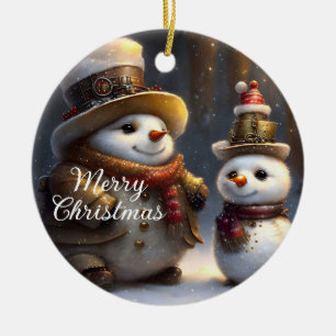 Steampunk Christmas Snowmen Ceramic Ornament