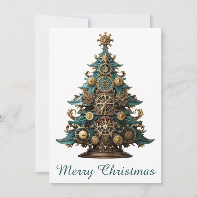 Steampunk Christmas Tree Greeting Card (Front)