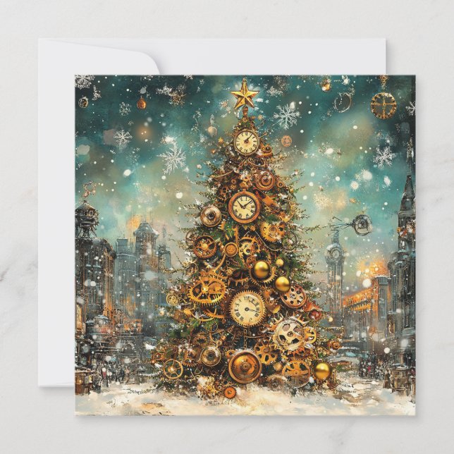 Steampunk Christmas Tree Greeting Card (Front)