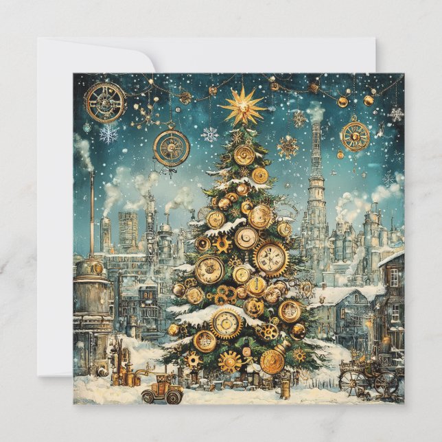 Steampunk Christmas Tree Greeting Card (Front)