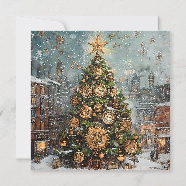 Steampunk Christmas Tree Greeting Card (Front)