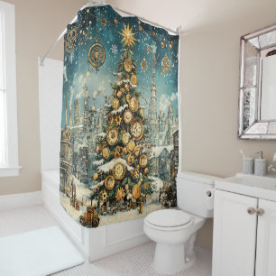 Steampunk Christmas Tree Shower Curtain