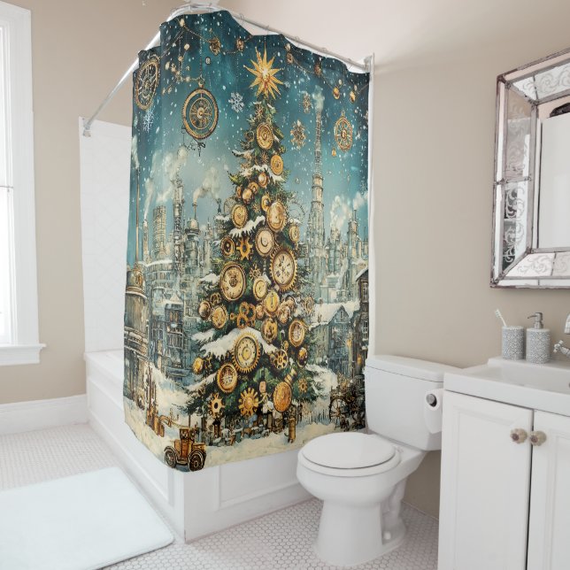 Steampunk Christmas Tree Shower Curtain (In Situ)