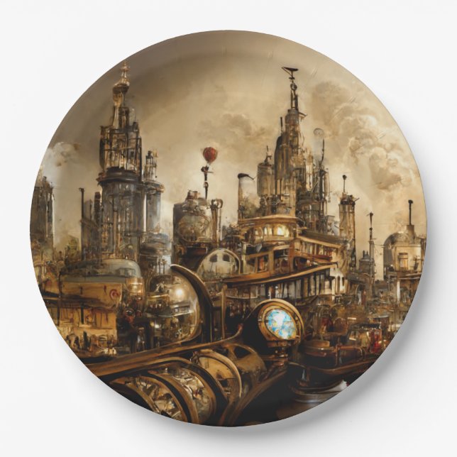 Steampunk City Paper Plate (Front)